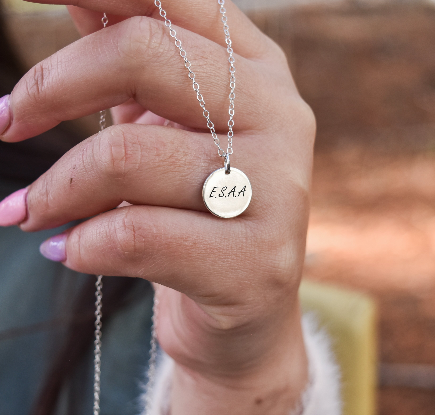 name initial necklace. personalised engraved jewellery. april child