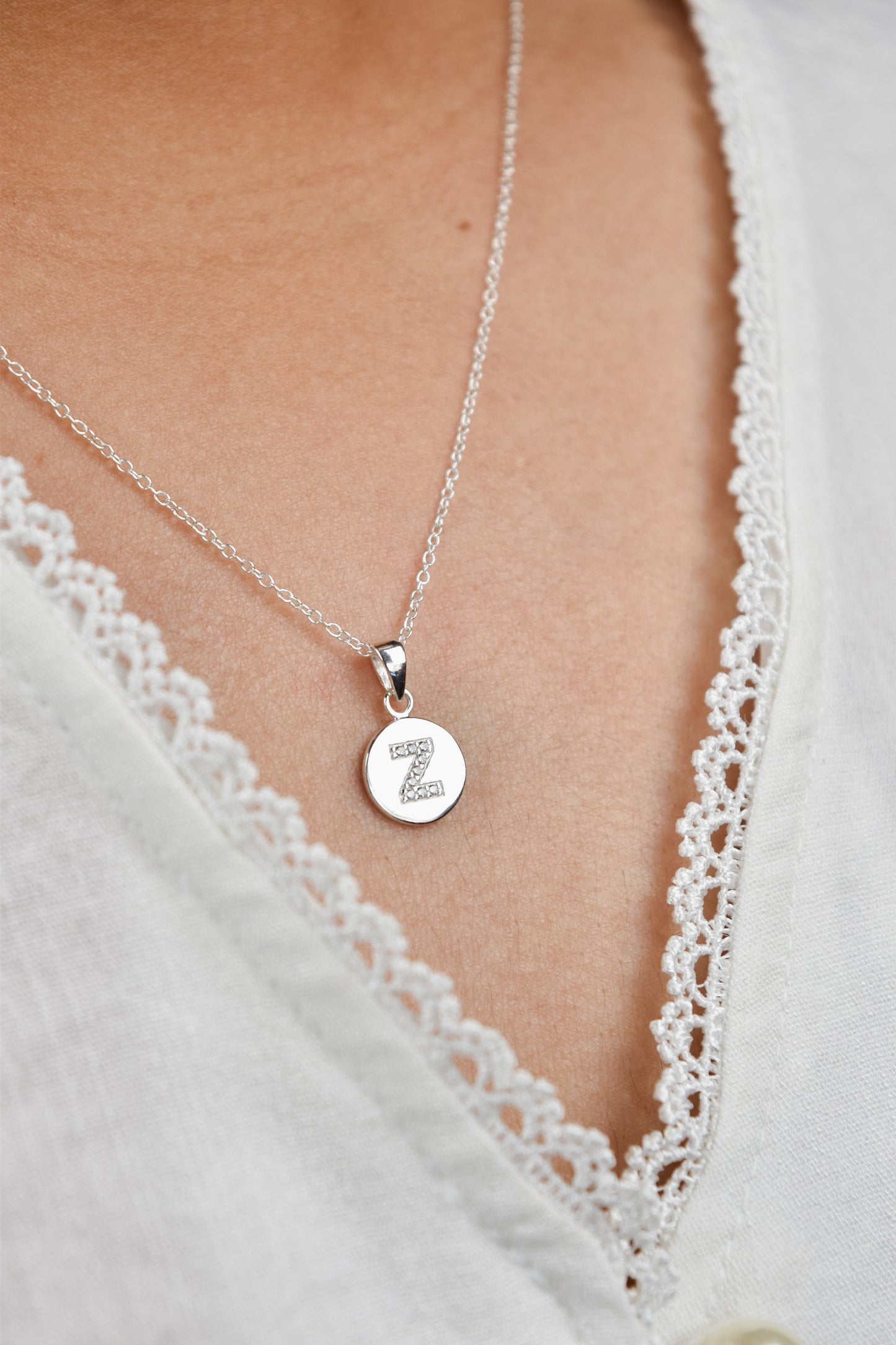 Round pendant initial necklace- A to Z