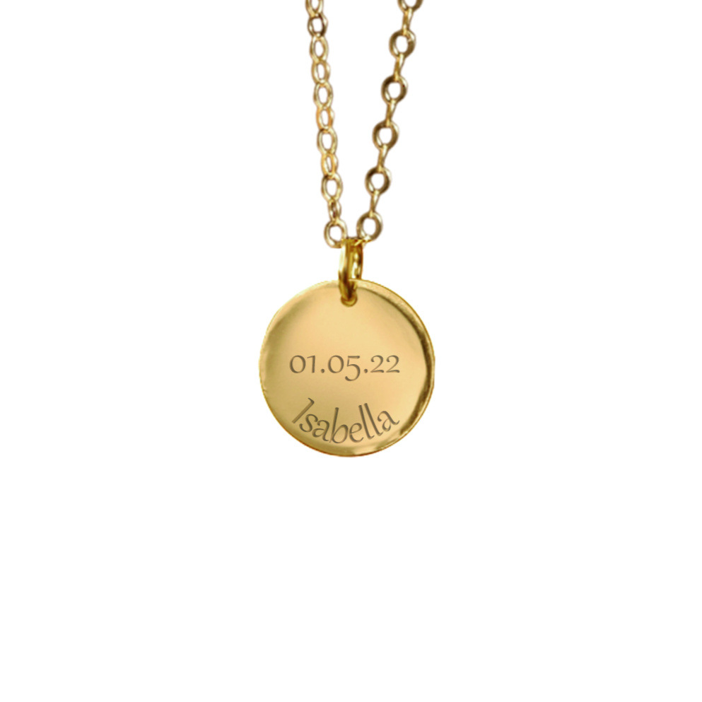 gold custom name and date necklace. Personalised engraved jewellery. april child