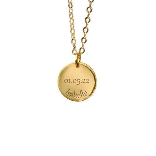 gold custom name and date necklace. Personalised engraved jewellery. april child