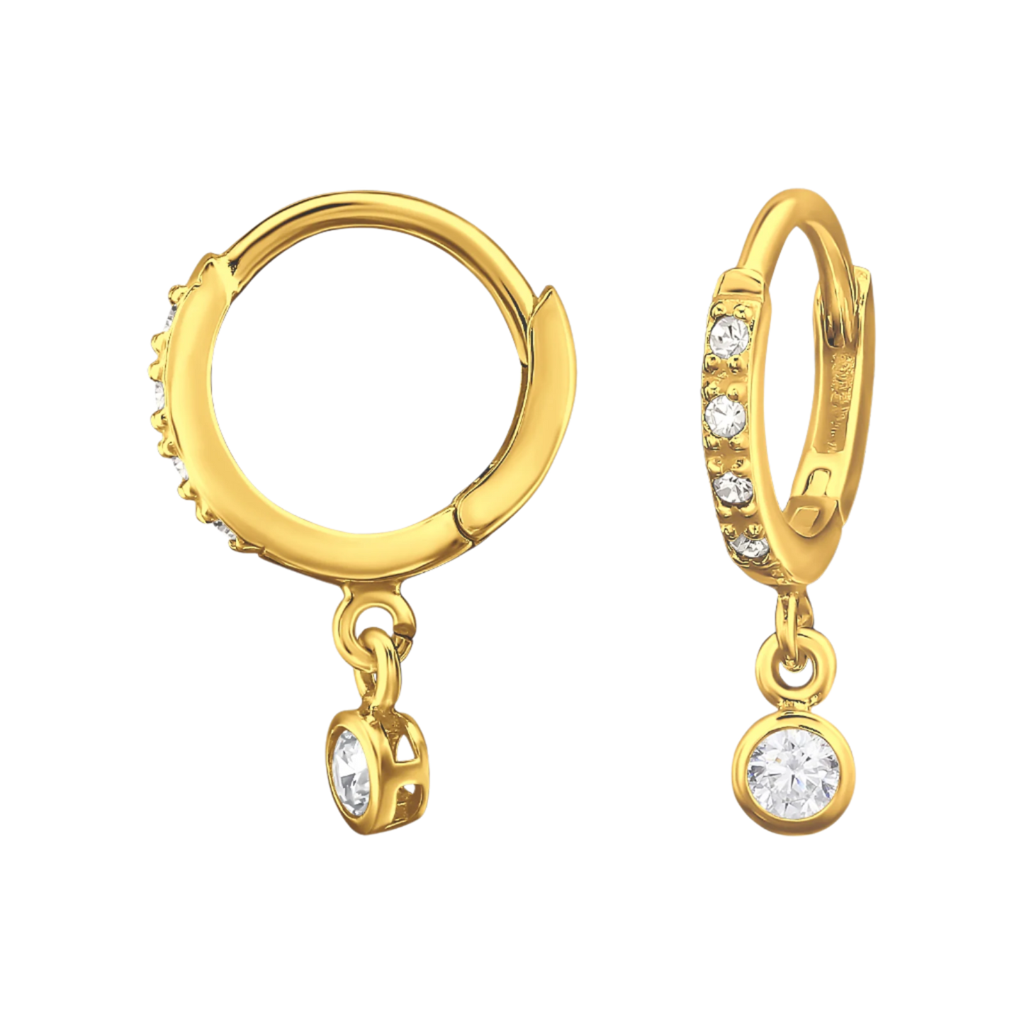 CZ crystal dangle huggies in gold colour made by sterling silver. April Child
