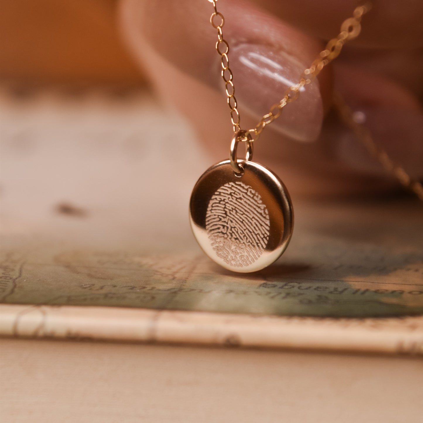 fingerprint gold filled necklace. Round pendant, personalised engraved jewellery. April Child