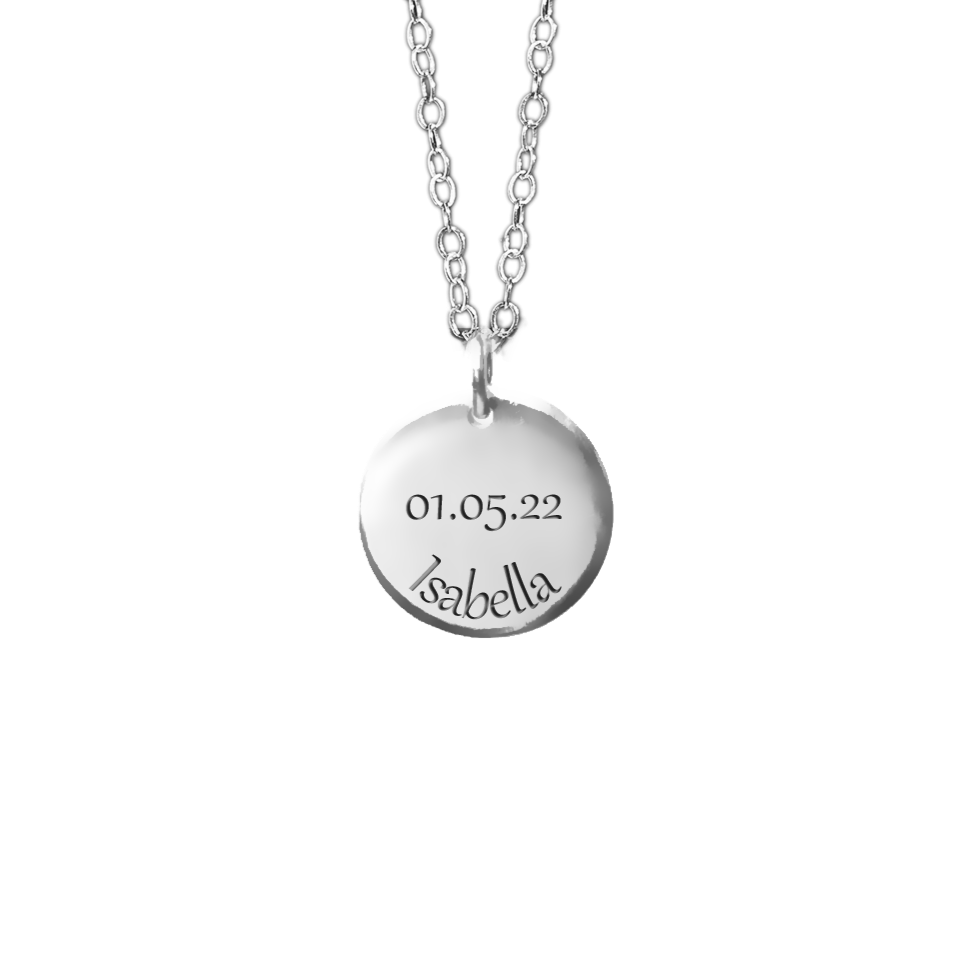 silver custom name and date necklace. Personalised engraved jewellery. april child