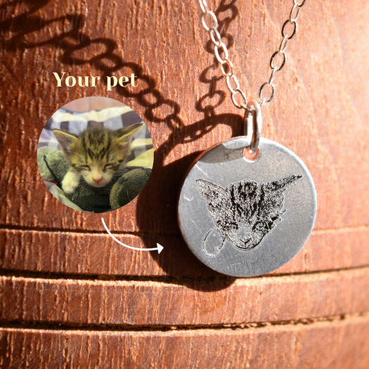 your pet picture engraved on a round sterling silver pendant- personalised engraved jewellery- april child