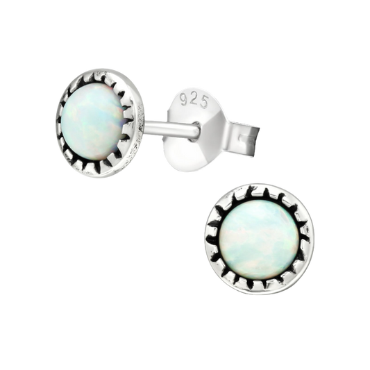 oxidised silver style ear studs with fire and snow lab grown opal. Made from sterling silver | april child australia