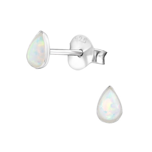 fire and snow opal in teardrop shape ear studs made from sterling silver | april child australia