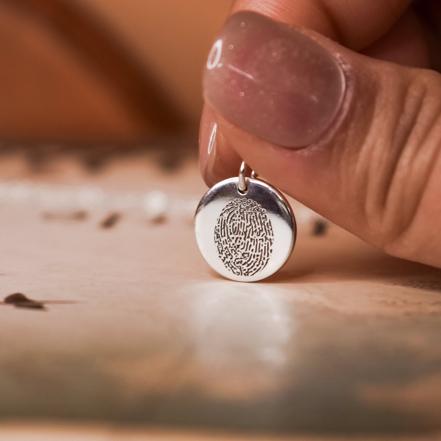 Fingerprint round silver necklace- Personalised engraved necklace. April Child