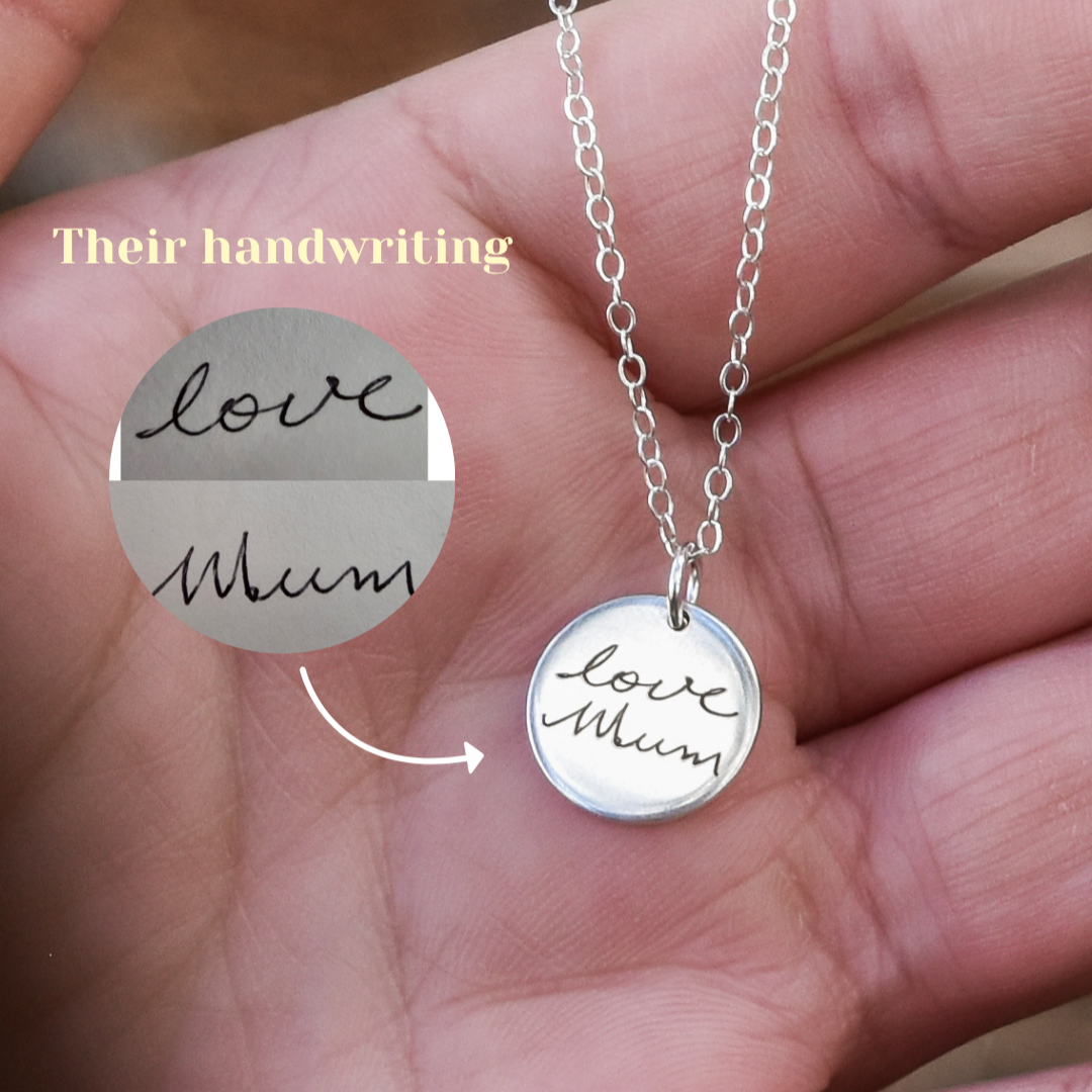 your loved one's handwriting engraved on a necklace- personalised engraved jewellery- april child