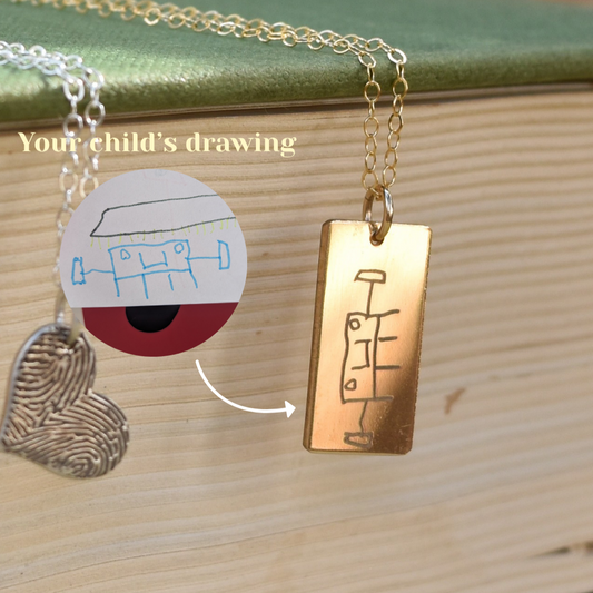 Your child's drawing engraved on e rectangle gold-filled pendant necklace- personalised engraved jewellery- April Child